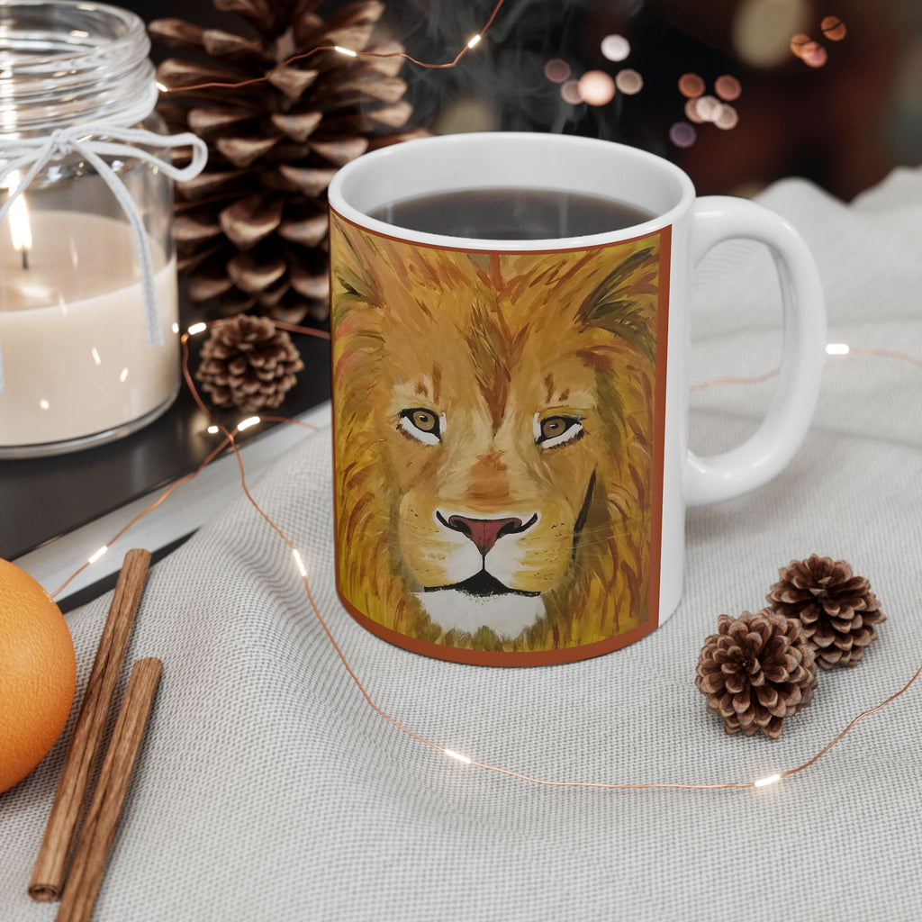Thoreau Quote Lion Portrait Mug | Watercolor Mane Illustration, Rust Background