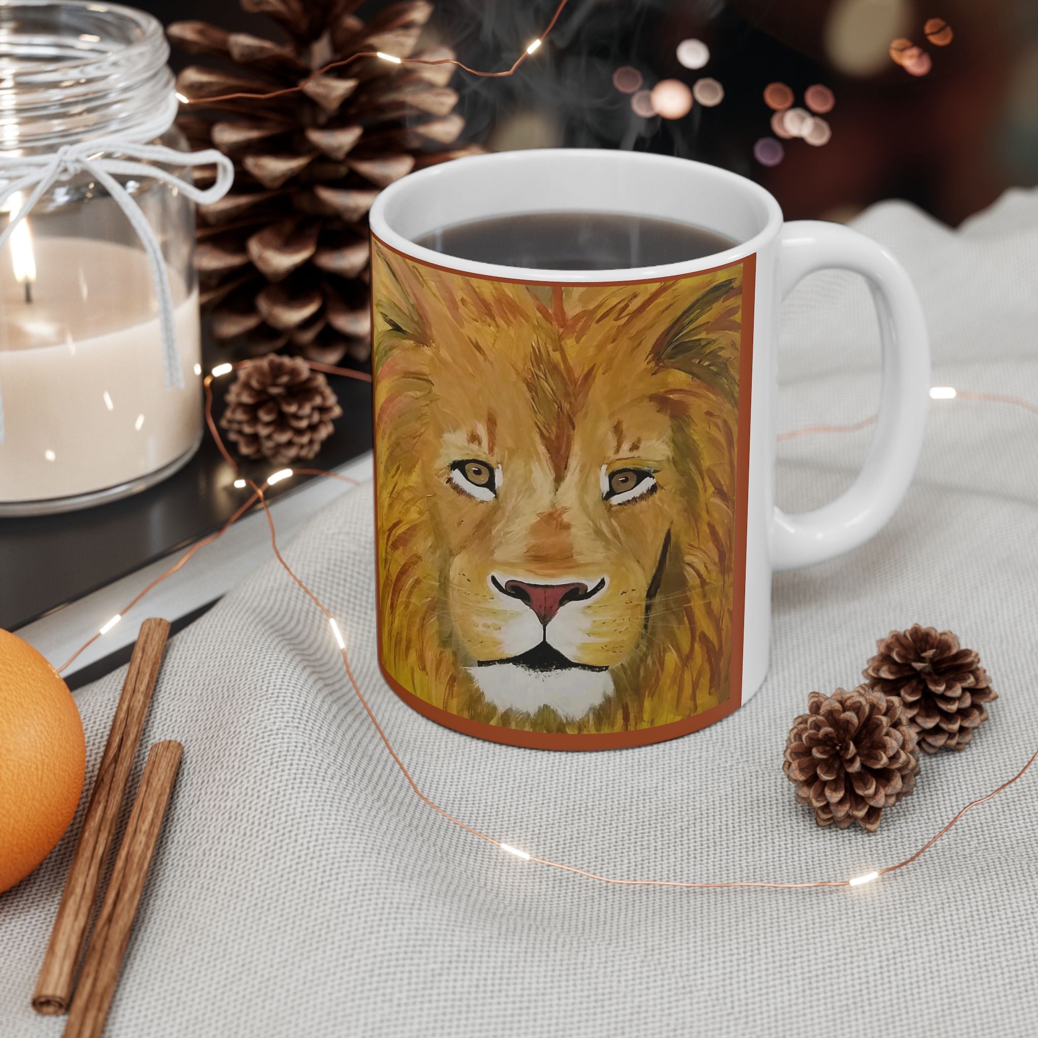 Thoreau Quote Lion Portrait Mug | Watercolor Mane Illustration, Rust Background