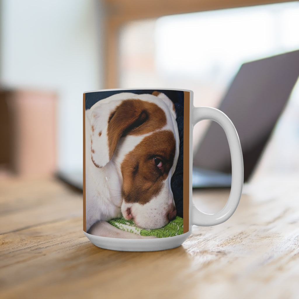 Brown and White Puppy Photo Mug | 15oz Ceramic Coffee Mug, Dog Portrait